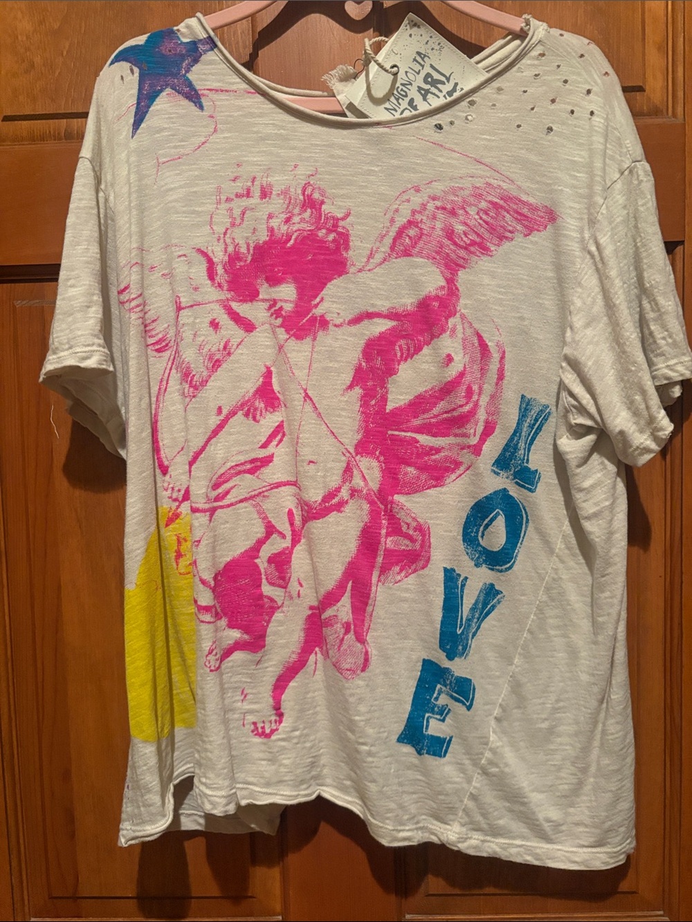 Magnolia Pearl White Short-Sleeve Tee with Pink Angel Graphic & Blue LOVE